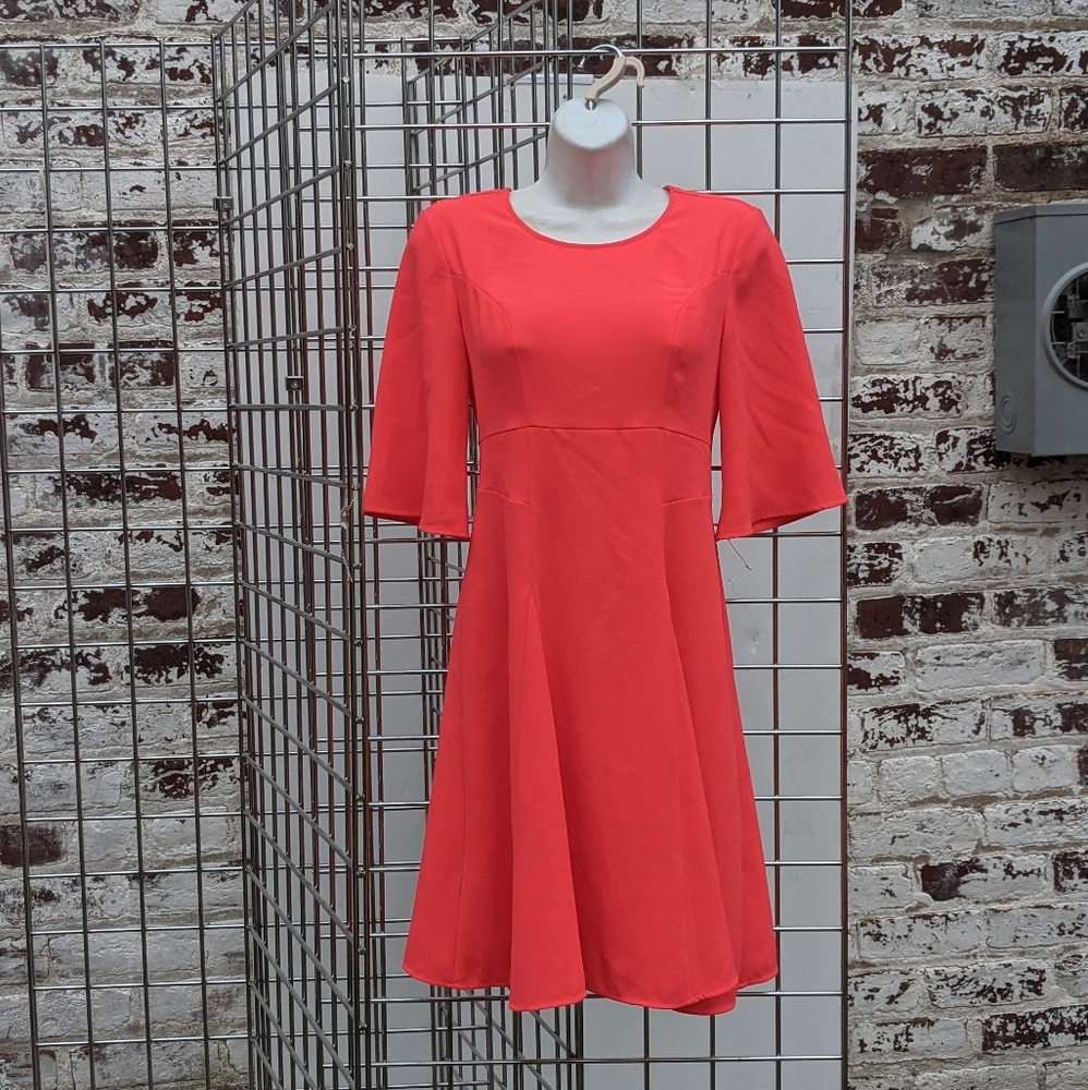 Designer Chaus Coral Red Dress Flutter sleeve shirt A line Size small - Picture 2 of 15